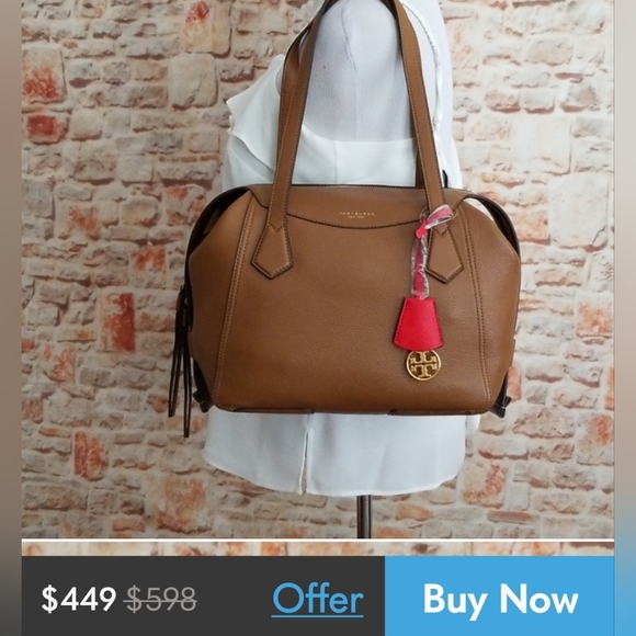 Tory burch Satchel rich Brown Leather Handbag with Red Accent - Picture 11 of 12